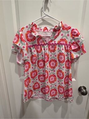 SHEIN Pink Orange Floral Ruffle Short Sleeve Blouse